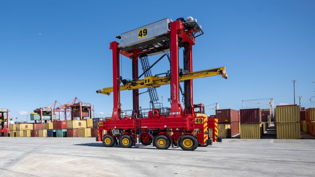 Kalmar Hybrid AutoStrad container-handling vehicle operating at a shipping terminal