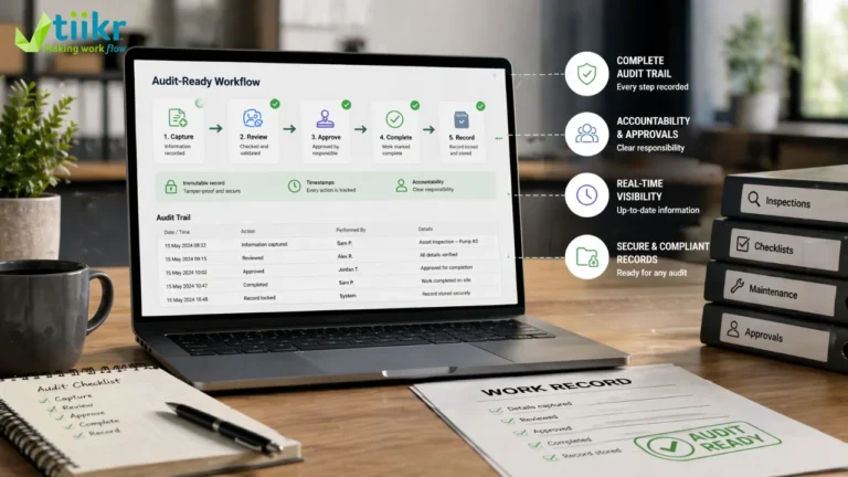 Digital workflow showing step-by-step tracking of work with approvals, timestamps, and a complete audit trail record