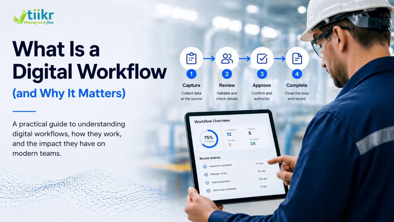 Professional using a tablet to manage a digital workflow process showing steps from data capture to approval and completion