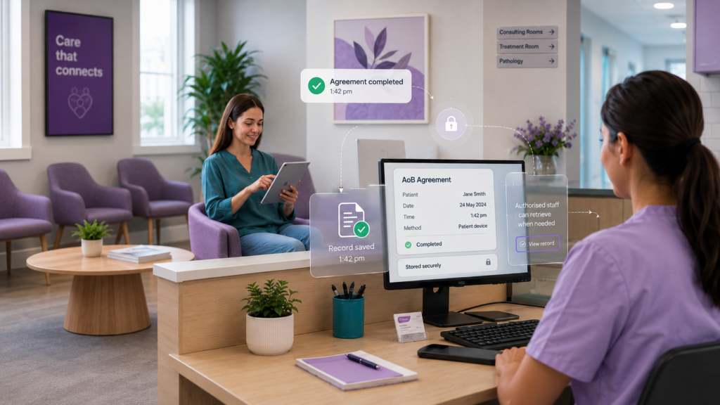 Medical practice staff managing Medicare Assignment of Benefits agreement evidence digitally