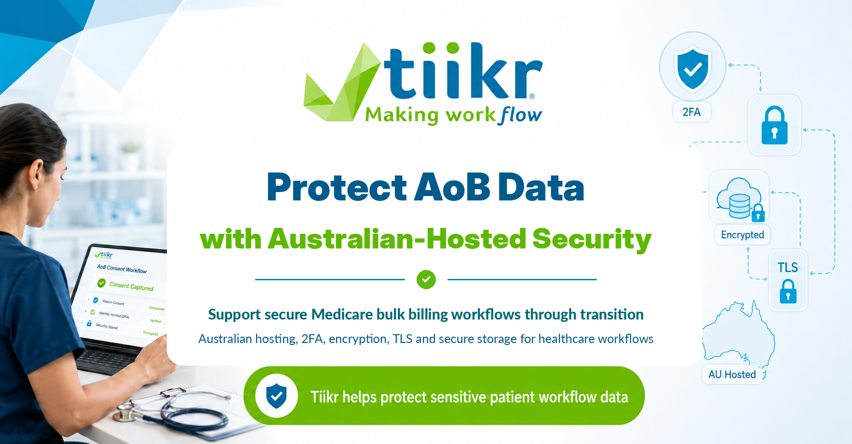 Medicare AoB data security with Australian hosting, 2FA, encryption and TLS