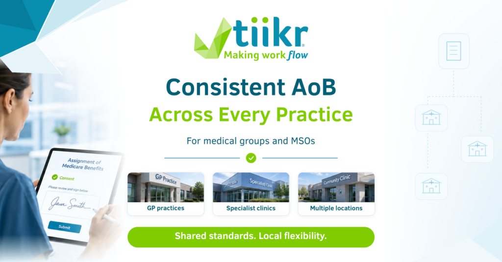 Reception, practice administration and billing teams connected through a digital Medicare Assignment of Benefit (AoB) workflow, helping Australian medical practices improve AoB handovers, task ownership and billing readiness.