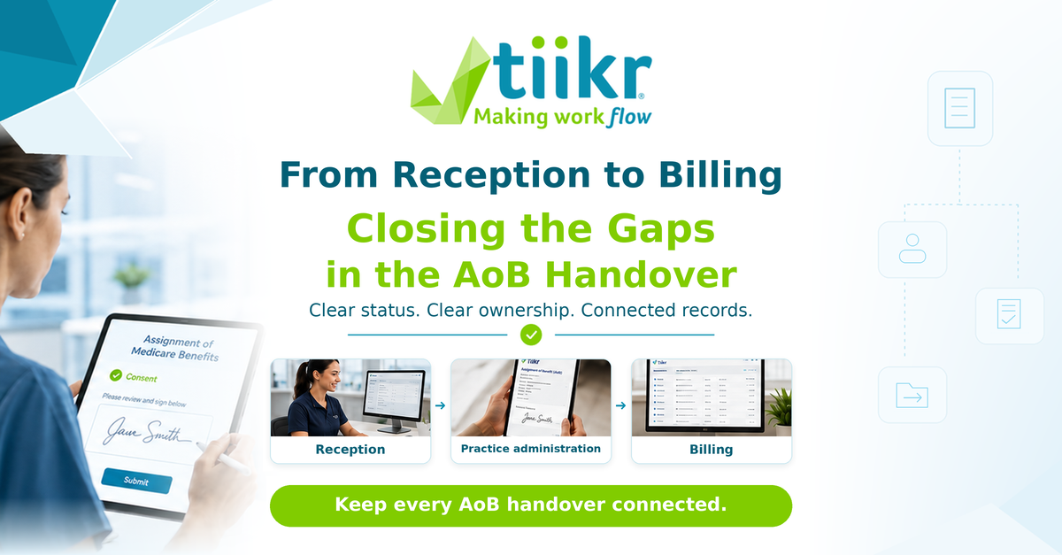 Tiikr graphic linking reception, practice administration and billing, illustrating Medicare AoB handovers with clear status, clear ownership and connected records.